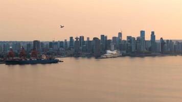 Aerial view of Port of Vancouver, downtown is on the background video