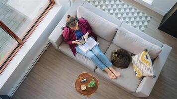 Overhead view of woman writing notes, lying on couch at home video