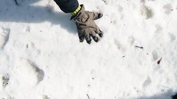 Hand with gloves touching snow video