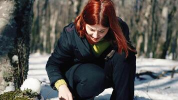 mujer creando monigote de nieve debajo desnudo arboles video