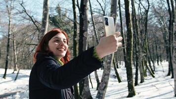 menina levando selfies com dele telefone dentro a neve video