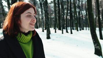 joven mujer mirando a desnudo arboles en el nieve durante invierno video