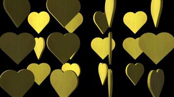 Yellow 3d hearts rotating loop on black background transparent video