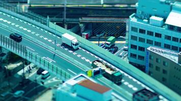 A timelapse of miniature cityscape near the highway in Osaka high angle view panning video