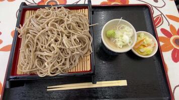 soba fideos con rebanado japonés Puerro y wasabi a almuerzo parte superior Disparo video