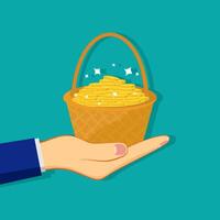 business man with a rattan basket filled with coins vector