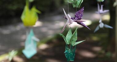 A paper crane swaying in the wind at the traditional street close up video