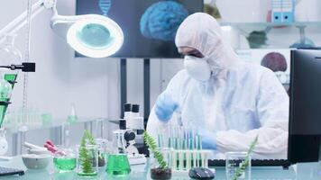 Researcher in modern laboratory wearing white coveralls working on the computer. Biotechnology research video