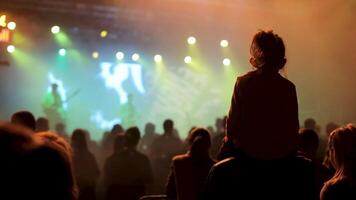 pequeño niña en su padres espalda a un rock concierto. papá y hija acecho actuación de un banda. video