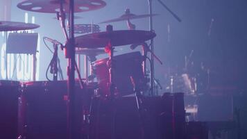 Drums on the stage before a huge rock concert. Musical instruments ready for the musicians to come on the stage. video