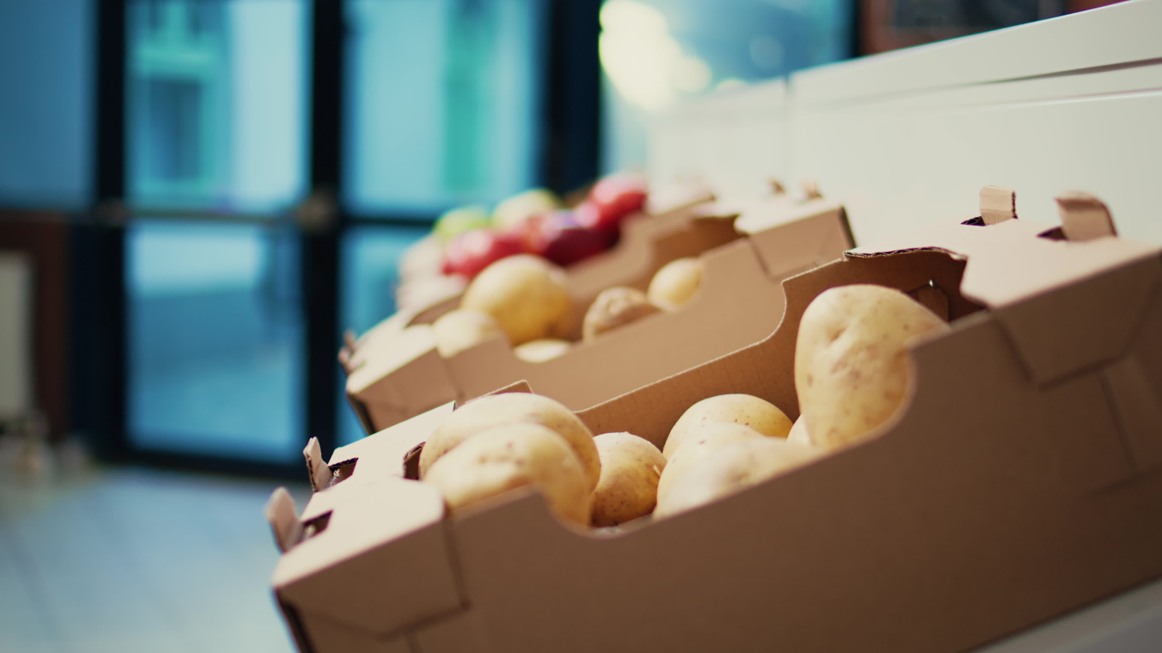 Natural ripe fruits and vegetables in farmers market crates, local