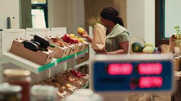 client choisir Naturel mûr des légumes de caisses, à la recherche à acheter fraîchement récolté légumes pour une spécial végétalien recette. africain américain femme examiner éco amical produire à local magasin. video