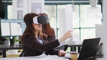 Architect designing project blueprints and plans with vr headset, using artificial intelligence to shape new property layout. Specialist working with virtual reality glasses at real estate agency. video