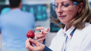 dichtbij omhoog statisch schot van vrouw onderzoeker injecteren ggo in aardbeien. in de achtergrond - bezig team werken video