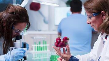 Female scientist looks at a batch with fruit samples for genetics experiments video