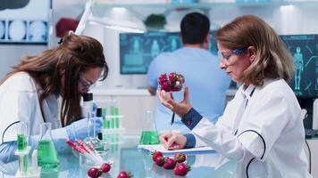 hembra biólogo tomando notas y mirando a fresas muestras en moderno laboratorio video