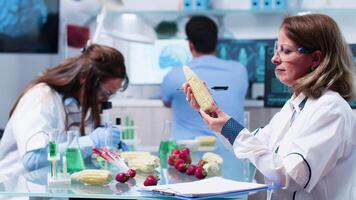 hembra científico es mirando a comida muestras y tomando notas gmo pruebas laboratorio video