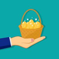 businessman holding a rattan basket with golden eggs vector