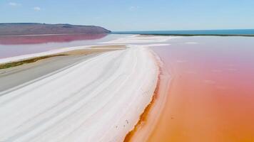 Orange lake in Crimea. Shot. Top view of bright orange lake water against white sand. Extraterrestrial landscape of colorful orange water on white sand on background of blue sky video