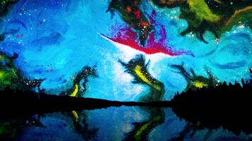 Sky with colour galaxy. Picturesque animation of night sky in mountains with reflection in lake. Watercolor effect of colorfully shimmering galactic sky video