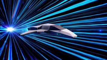 Abstract flying spaceship in cosmic space. Animation. Game graphics flying starship in hyperspace when jumping in space. Spacecraft flies at super speed on background of rays video