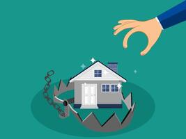 a hand is holding a house in a hole vector