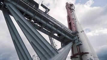 View from the bottom on the large white space rocket at the Moscow exhibition of national achievements. Action. Concept of space exploration video