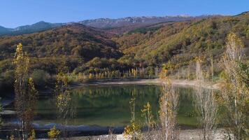 parte superior ver de lago con otoño bosque y montañas. disparo. el secado arriba montaña lago en otoño. pintoresco otoño montaña paisaje con vistoso amarillo arboles video