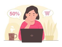 joven mujer haciendo en línea compras en ordenador portátil para comercio electrónico concepto ilustración vector