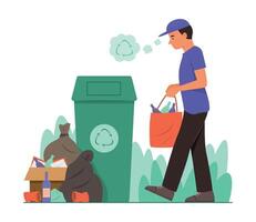 hombre que lleva basura bolso para tirar basura en basura lata para reciclar concepto ilustración vector