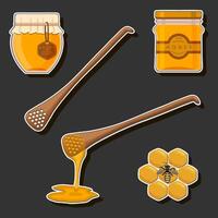 Illustration on theme sugary flowing down honey in honeycomb with bee vector