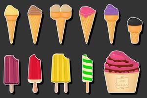 Illustration on theme big kit ice cream popsicle different types in cone waffle cup vector