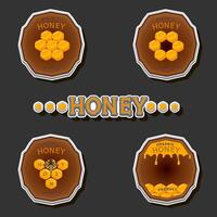 Illustration on theme for label of sugary flowing down honey in honeycomb with bee vector