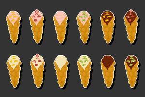 Illustration on theme big kit different types cone waffle with bubbles for dessert biscuit vector