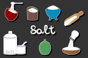 Illustration on theme big set different types ware filled salt for organic cooking vector