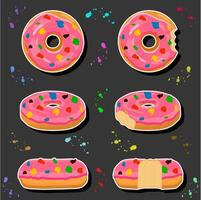 Illustration on theme big set different types sticky donuts, sweet doughnuts various size vector