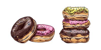 un dibujado a mano de colores bocetos de donas Clásico ilustración. Pastelería dulces, postre. elemento para el diseño de etiquetas, embalaje y postales vector