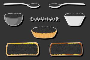 big set various types fish caviar, bread different size vector