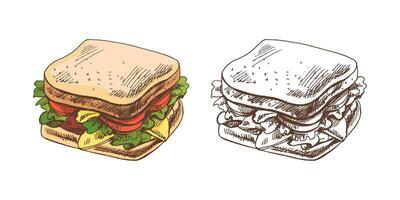 Hand-drawn colored and monochrome vector sketch of a piece of sandwich with vegetables, cheese, meat. Doodle vintage illustration. Decorations for the menu of cafes and labels. Engraved image.