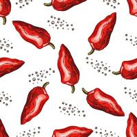 Hand-drawn vector seamless pattern of bell pepper. Vintage doodle illustration. Sketch for cafe menus and labels. The engraved image.