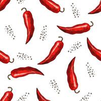 Hand-drawn vector seamless pattern of chili pepper and peppercorns. Vintage doodle illustration. Sketch for cafe menus and labels. The engraved image.