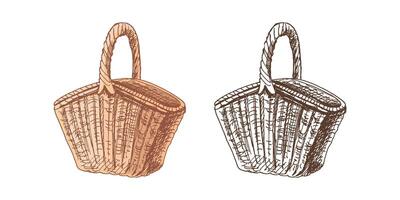 Hand-drawn colored and monochrome vector sketch of a wicker picnic basket. Doodle vintage illustration. Engraved image.