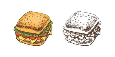 Hand-drawn colored and monochrome vector sketch of a piece of sandwich with vegetables, cheese, meat. Doodle vintage illustration. Decorations for the menu of cafes and labels. Engraved image.