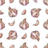 Hand-drawn vector seamless pattern of garlic. Vintage doodle illustration. Sketch for cafe menus and labels. The engraved image.