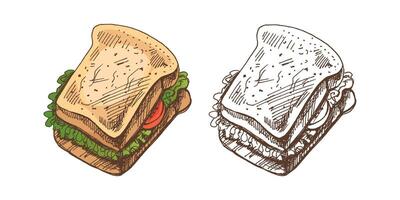 Hand-drawn colored and monochrome vector sketch of a piece of sandwich with vegetables, cheese, meat. Doodle vintage illustration. Decorations for the menu of cafes and labels. Engraved image.