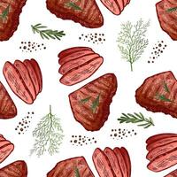 Hand-drawn vector seamless pattern of beef steak, piece of meat and dill. Vintage doodle illustration. Sketch for cafe menus and labels. The engraved image.