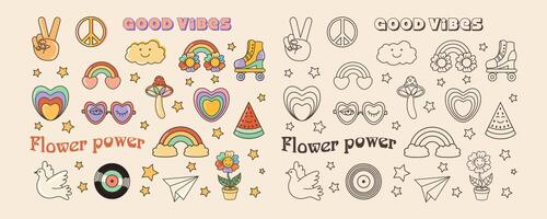 Funny cartoon peace, Love, flower, rainbow, heart, daisy, mushroom, dove etc. Isolated vector illustration. Sticker pack in trendy retro psychedelic cartoon style. Groovy hippie 70s set.