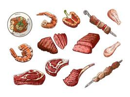 A set of hand-drawn colored sketches of different types of meat, steaks, shrimp, chicken, grilled vegetables, barbecue. Doodle vintage illustration. Engraved image. vector