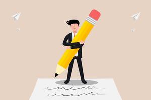 Businessman with giant pencil, signing document Pro Vector