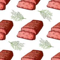 Hand-drawn vector seamless pattern of beef steak, piece of meat and dill. Vintage doodle illustration. Sketch for cafe menus and labels. The engraved image.